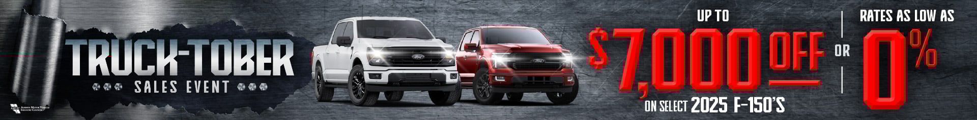 Promotional graphic featuring two 2025 Ford F-150 trucks (white and red) on a dark steel background. Bold red text says “Up to $7,000 off or rates as low as 0% on select 2025 F-150’s.” Mid-Town Ford Winnipeg logo in the corner.